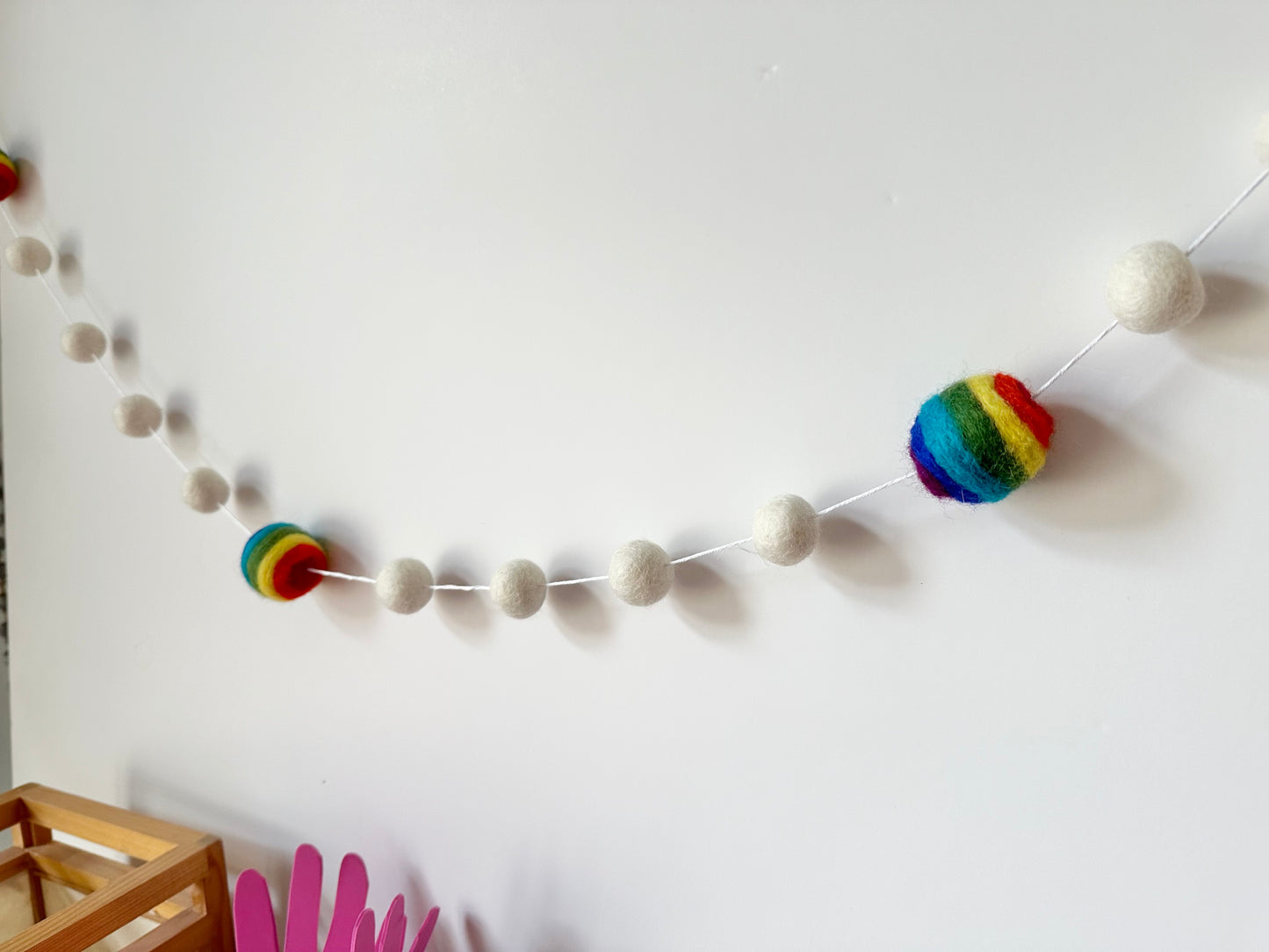 Rainbow Striped Wool Ball Garland