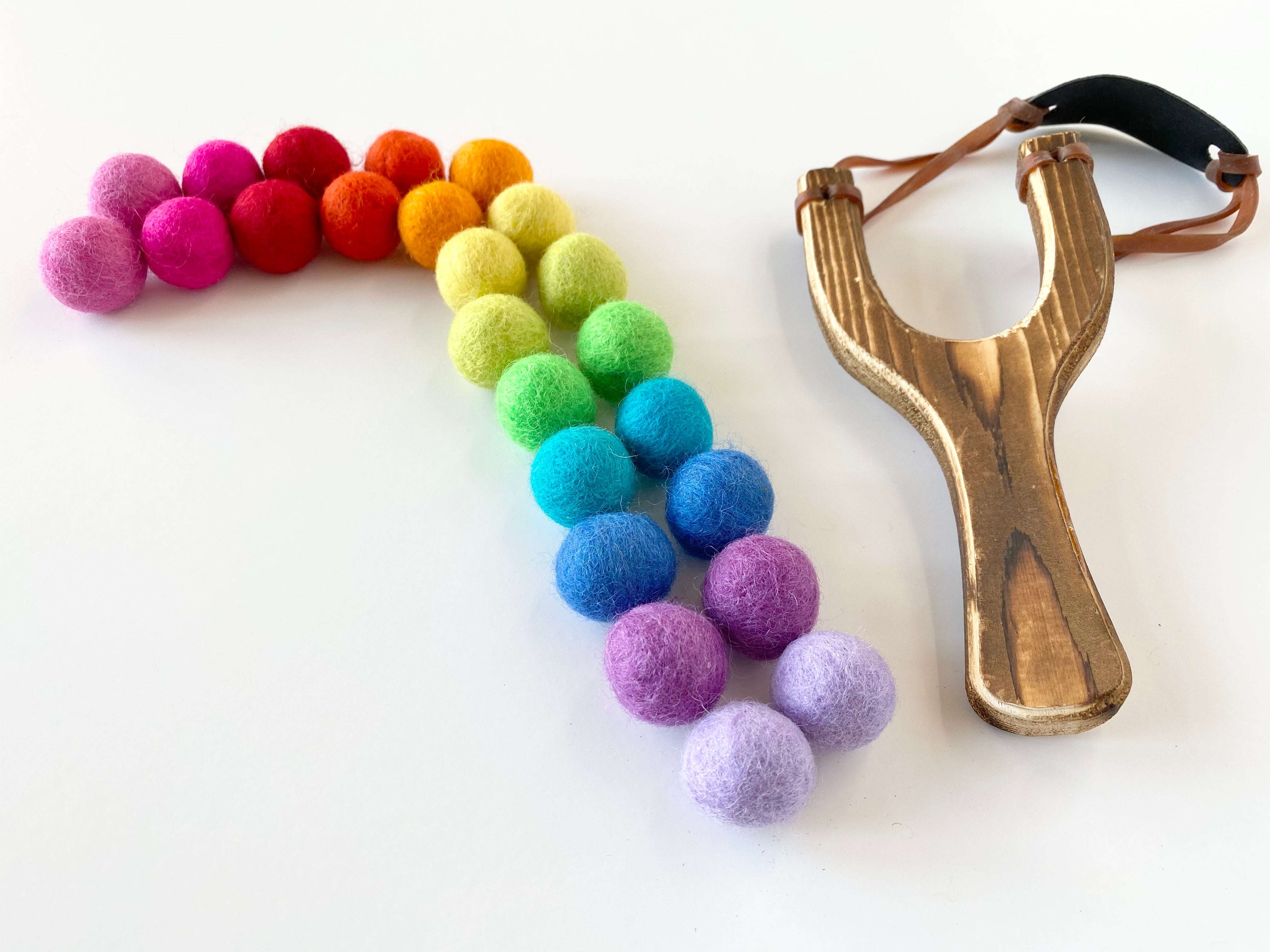 Classic Wooden Slingshot, Rainbow Felt Balls - Campover